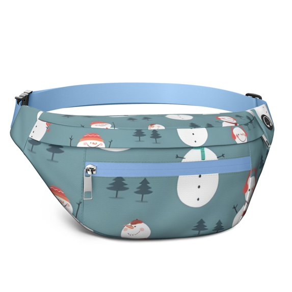 Fanny Pack Blue Christmas Snowman Pattern Waist Pack Bag,Running Cross Bag,Waterproof Large Fanny Packs for Women Men for Travel Running Hiking Cycling