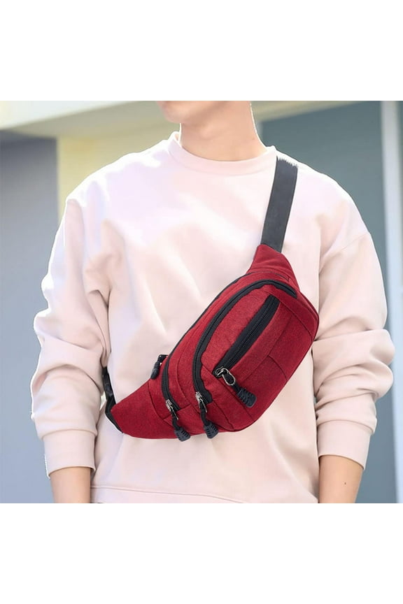 Fanny Pack Crossbody Waist Bag | Unisex Adjustable Strap | Large 3 Zipper Pockets | Water Resistant Lightweight Nylon | Multifunction Hip Bum Belt Bag | 28x14x10cm | Gray Brown Blue Red