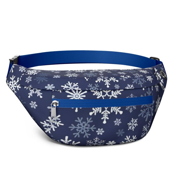 Fanny Pack Dark Blue Christmas Snowflake Pattern Waist Pack Bag,Running Cross Bag,Waterproof Large Fanny Packs for Women Men for Travel Running Hiking Cycling