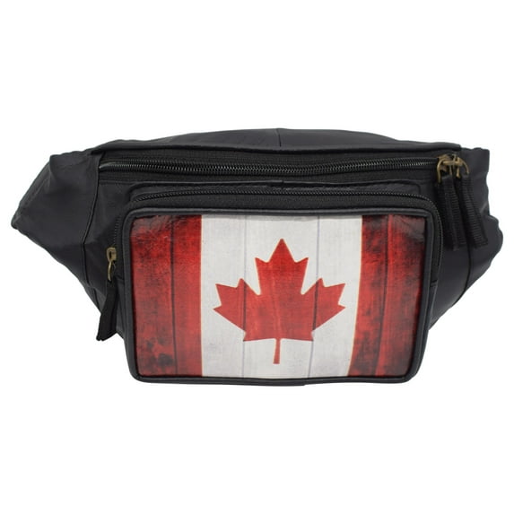 Fanny Pack Genuine Leather Adjustable Waist Crossbody Bag for Outdoor Travel with Country Flags USA, UK, CANADA, MEXICO, & PUERTO RICO CANADA