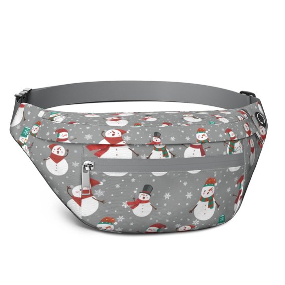 Fanny Pack Gray Christmas Snowman Pattern Waist Pack Bag,Running Cross Bag,Waterproof Large Fanny Packs for Women Men for Travel Running Hiking Cycling