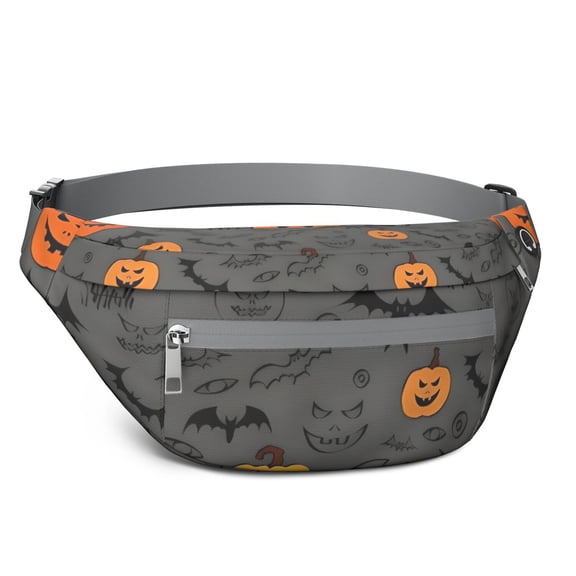 Fanny Pack Gray Halloween Pumpkins Bats and Faces Waist Pack Bag,Running Cross Bag,Waterproof Large Fanny Packs for Women Men for Travel Running Hiking Cycling