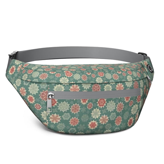 Fanny Pack Green Christmas Floral Pattern Waist Pack Bag,Running Cross Bag,Waterproof Large Fanny Packs for Women Men for Travel Running Hiking Cycling