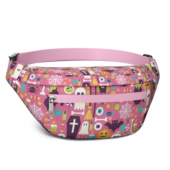 Fanny Pack Halloween Cute Icons on Pink Pattern Waist Pack Bag,Running Cross Bag,Waterproof Large Fanny Packs for Women Men for Travel Running Hiking Cycling
