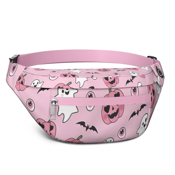 Fanny Pack Halloween Pink Ghosts and Heart Pumpkins Waist Pack Bag,Running Cross Bag,Waterproof Large Fanny Packs for Women Men for Travel Running Hiking Cycling
