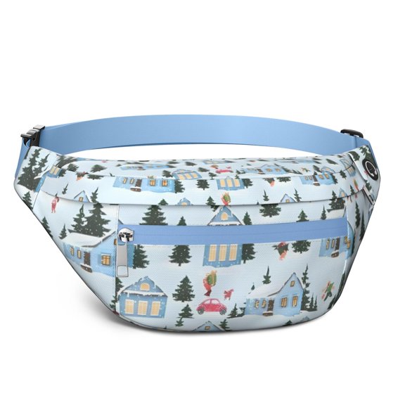 Fanny Pack Light Blue Christmas House and Tree Pattern Waist Pack Bag,Running Cross Bag,Waterproof Large Fanny Packs for Women Men for Travel Running Hiking Cycling