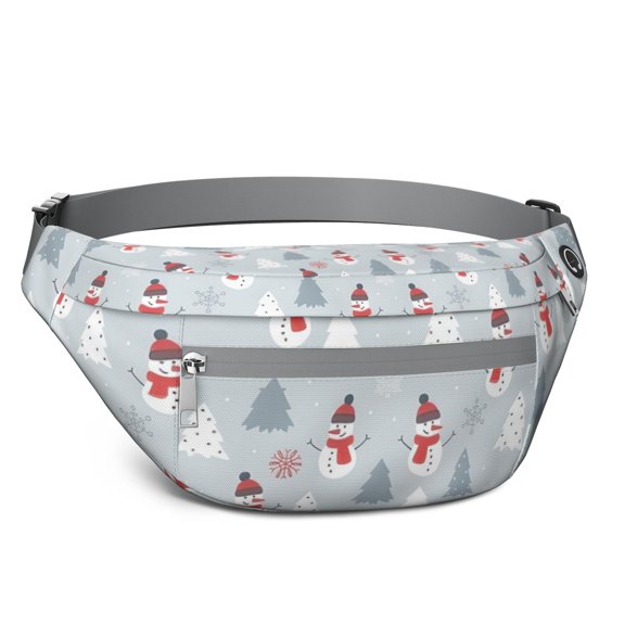 Fanny Pack Light Blue Christmas Snowman and Tree Pattern Waist Pack Bag,Running Cross Bag,Waterproof Large Fanny Packs for Women Men for Travel Running Hiking Cycling