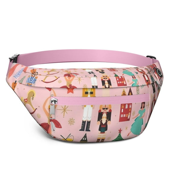 Fanny Pack Pink Christmas Nutcracker Pattern Waist Pack Bag,Running Cross Bag,Waterproof Large Fanny Packs for Women Men for Travel Running Hiking Cycling
