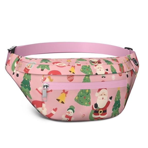 Fanny Pack Pink Christmas Santa Pattern Waist Pack Bag,Running Cross Bag,Waterproof Large Fanny Packs for Women Men for Travel Running Hiking Cycling