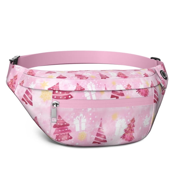 Fanny Pack Pink Christmas Tree Pattern Waist Pack Bag,Running Cross Bag,Waterproof Large Fanny Packs for Women Men for Travel Running Hiking Cycling