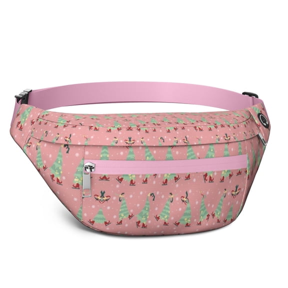 Fanny Pack Pink Christmas Tree Pattern Waist Pack Bag,Running Cross Bag,Waterproof Large Fanny Packs for Women Men for Travel Running Hiking Cycling