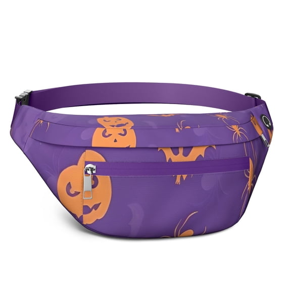 Fanny Pack Purple Halloween Pumpkins Bats and Spiders Waist Pack Bag,Running Cross Bag,Waterproof Large Fanny Packs for Women Men for Travel Running Hiking Cycling