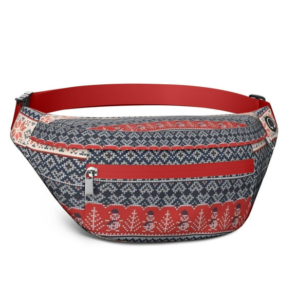 Fanny Pack Red and Blue Christmas Knitted Pattern Waist Pack Bag,Running Cross Bag,Waterproof Large Fanny Packs for Women Men for Travel Running Hiking Cycling