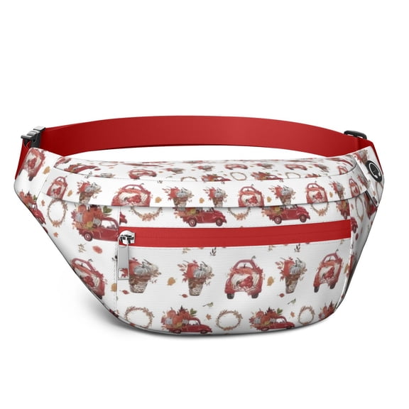 Fanny Pack Red Christmas Car and Flower Pattern Waist Pack Bag,Running Cross Bag,Waterproof Large Fanny Packs for Women Men for Travel Running Hiking Cycling