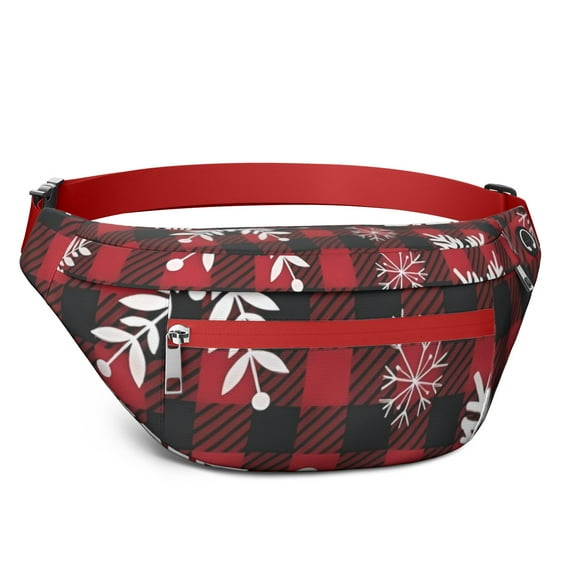 Fanny Pack Red Christmas Snowflake and Plaid Pattern Waist Pack Bag,Running Cross Bag,Waterproof Large Fanny Packs for Women Men for Travel Running Hiking Cycling