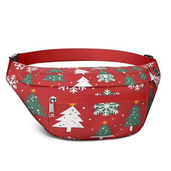 Fanny Pack Red Christmas Tree and Snowflake Pattern Waist Pack Bag,Running Cross Bag,Waterproof Large Fanny Packs for Women Men for Travel Running Hiking Cycling
