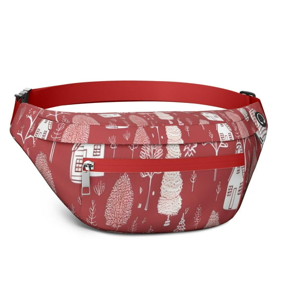 Fanny Pack Red Christmas Village Pattern Waist Pack Bag,Running Cross Bag,Waterproof Large Fanny Packs for Women Men for Travel Running Hiking Cycling