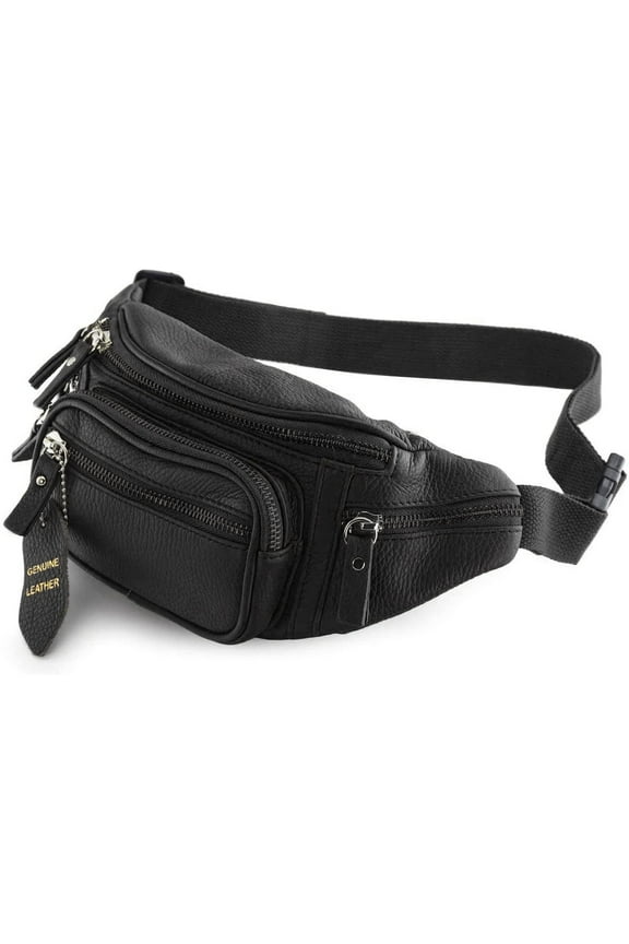 Fanny Pack Waist Bag Multifunction Genuine Leather Hip Bum Bag Travel Pouch for Men and Women- Multiple Pockets & Sturdy Zippers Ideal for Hiking Running And Cycling (Black)