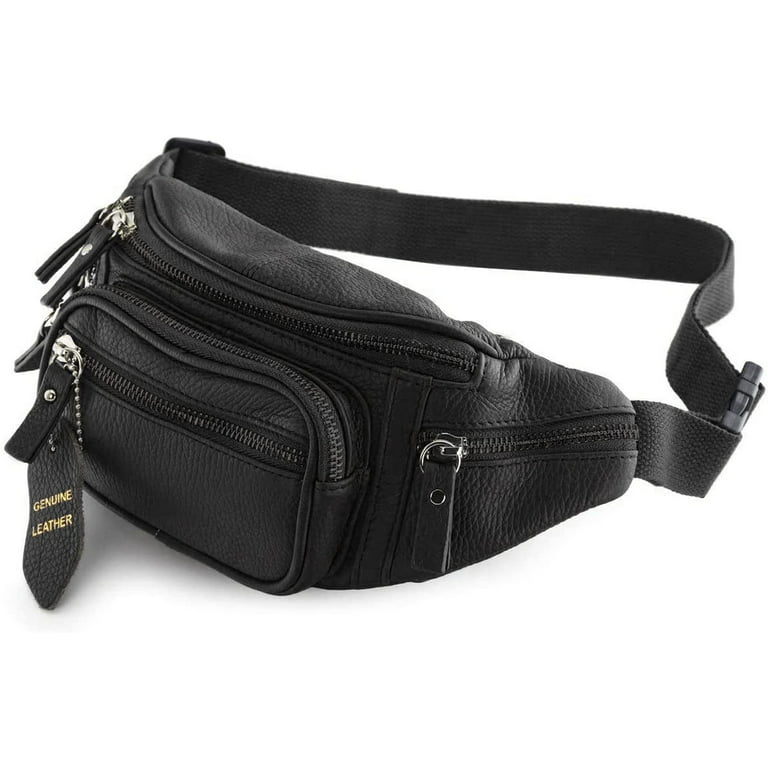 Fanny Pack Waist Bag Multifunction Genuine Leather Hip Bum Bag Travel Pouch  for Men and Women- Multiple Pockets & Sturdy Zippers Ideal for Hiking  Running And Cycling (Black) 