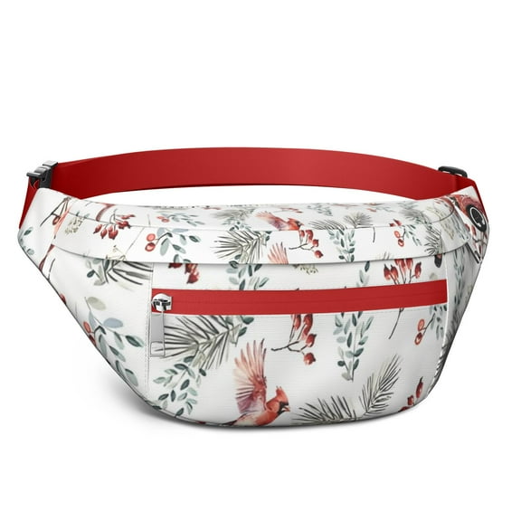 Fanny Pack White Christmas Bird and Pine Pattern Waist Pack Bag,Running Cross Bag,Waterproof Large Fanny Packs for Women Men for Travel Running Hiking Cycling