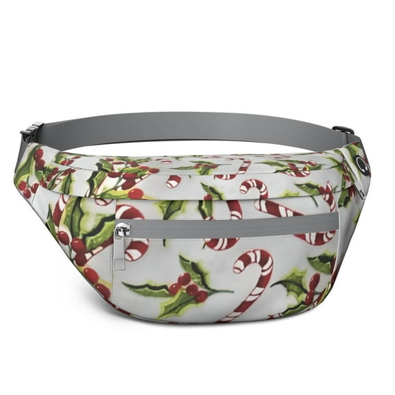 Fanny Pack White Christmas Candy Cane Pattern Waist Pack Bag,Running Cross Bag,Waterproof Large Fanny Packs for Women Men for Travel Running Hiking Cycling