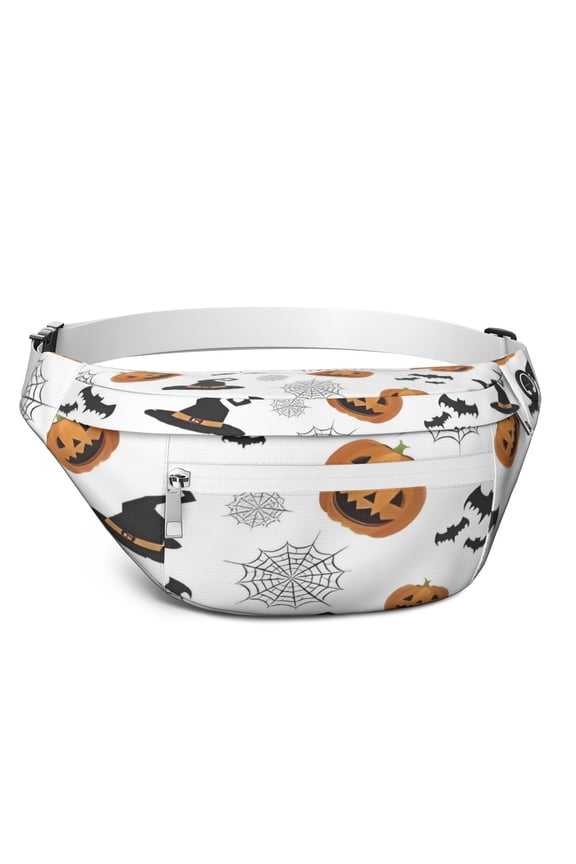Fanny Pack White Halloween Pumpkins Bats and Witch Hats Waist Pack Bag,Running Cross Bag,Waterproof Large Fanny Packs for Women Men for Travel Running Hiking Cycling