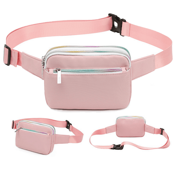 Fanny Packs for Women Men, Stylish Adjustable Belt with Multiple Zipper Pockets for Running, Outdoor Exercise Biking, and Travel. (Pink, Colorful zipper)