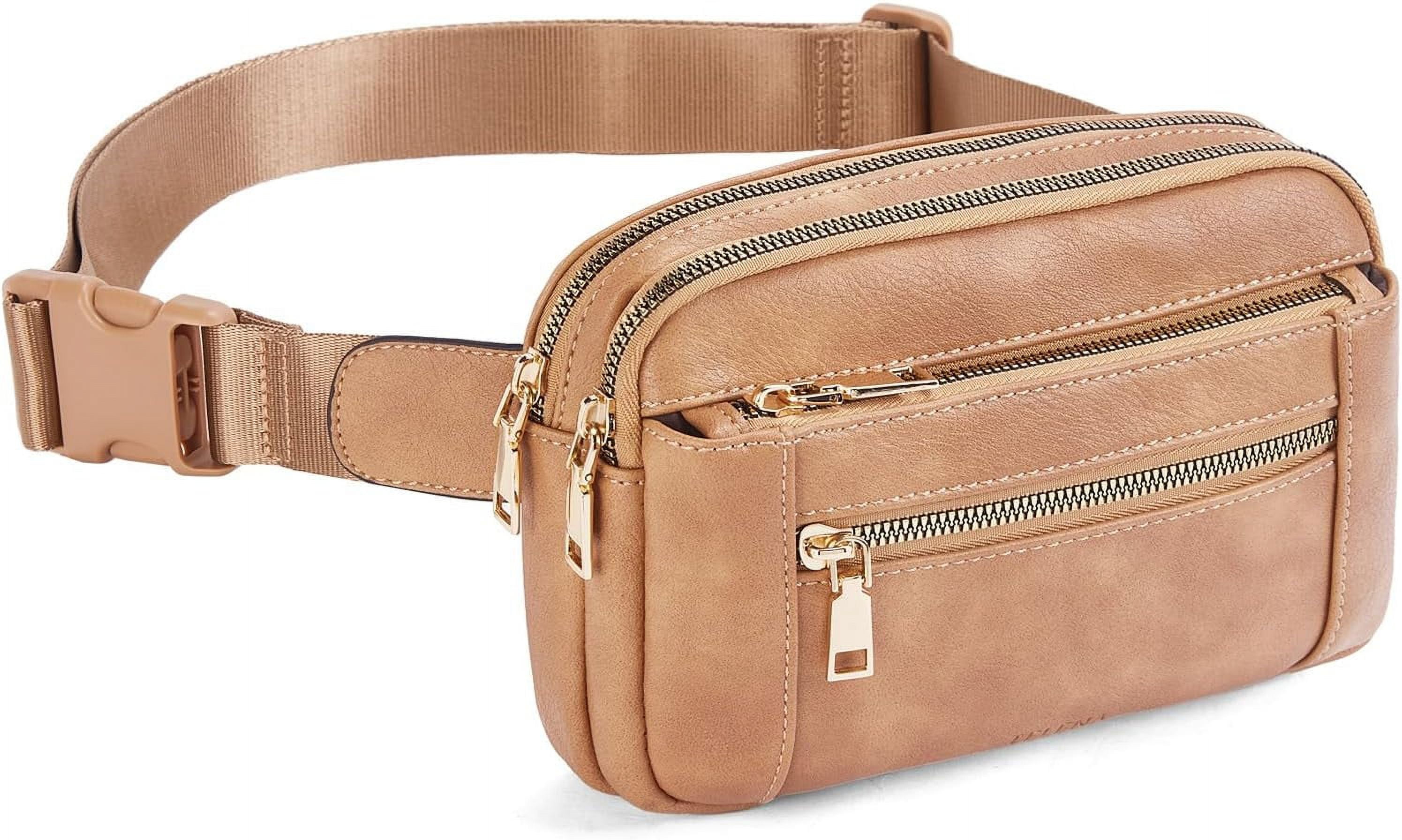 Fanny Packs for Women Cross Body Bag Leather Belt Bag Fashionable Waist Bag with Adjustable Strap Beige Brown