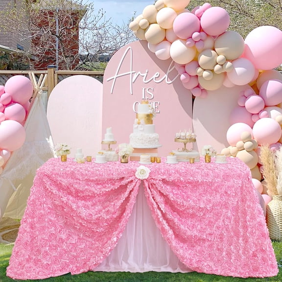 Fanqisi Pink Rosette Tablecloths 90 x 132 Inches Baby Shower Decorations for Girls Birthday Party Dinner Cake Table Top Decor Y101
