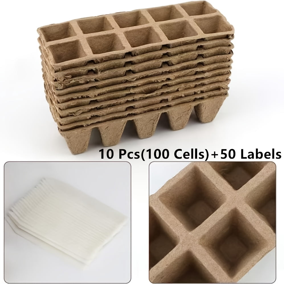 Fanruina 100 Paper Peat Flower Pots Seed Culture Trays Retro Style with 50 Labels and Tools for Planting Germination Starter Kit