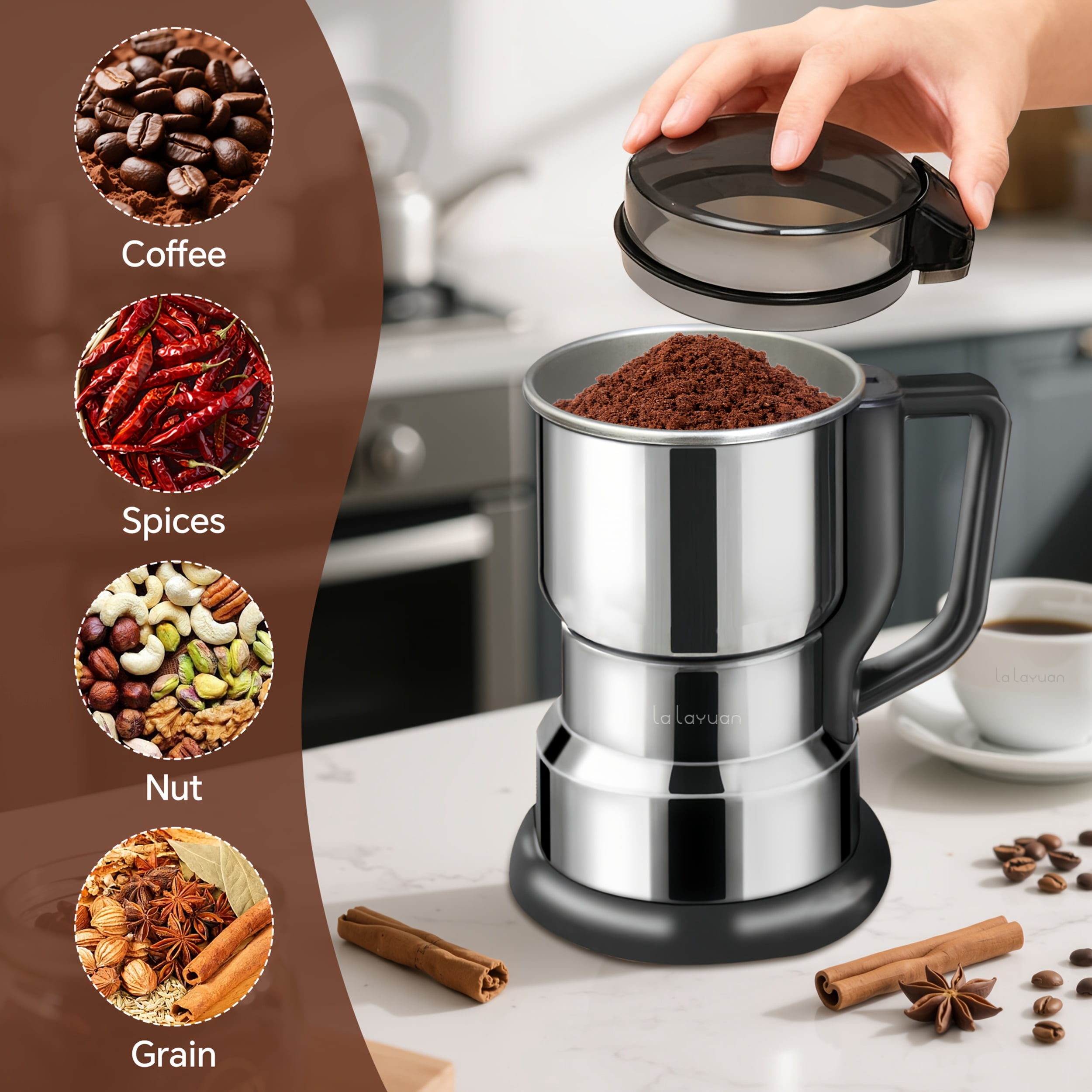 1pc Electric Coffee Grinder with 300W Motor & 4-Blade System – Fast Grinding in 10s, Stainless Steel Coffee Bean Mill for Beans, Spices, Wet & Dry Food Processor with One-Touch Operation