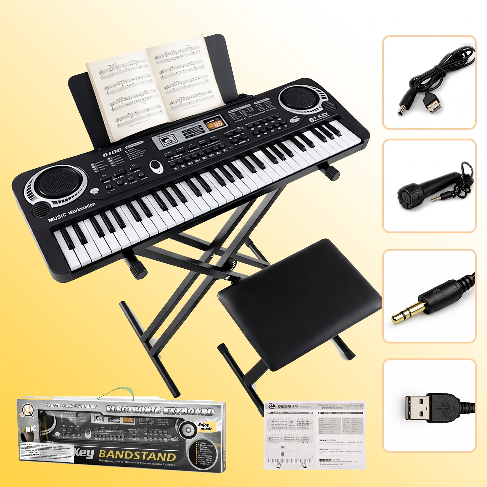 Fanruina 61 Key Keyboard Piano with Mic Music Book USB Plug In for Home Use