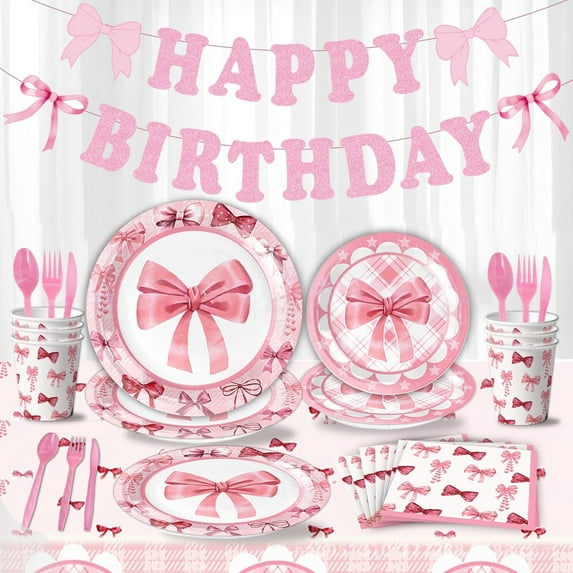 Fans Bow themed birthday party decorations, Fans Bow party supplies set includes banners, tablecloths, plates, paper cups, paper napkins and cutlery, cartoon themed party supplies for boys and girls