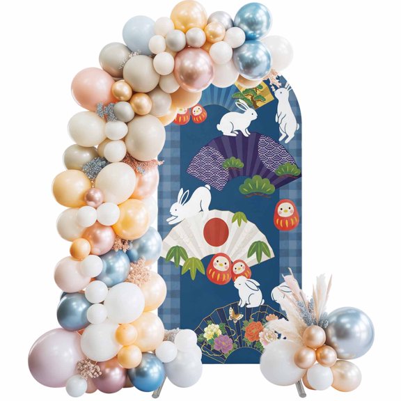 Fans Rabbits Arch Backdrop Cover 4 FT Japanese Colored Fans Rabbit Tumbler Blue Plaid Stretchy Elastic Arch Stand Covers Spandex Arched Background Birthday Wedding Party Decoration (No Stand)