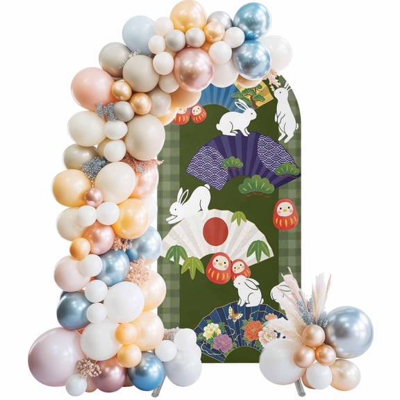 Fans Rabbits Arch Backdrop Cover 4 FT Japanese Colored Fans Rabbit Tumbler Green Plaid Stretchy Elastic Arch Stand Covers Spandex Arched Background Birthday Wedding Party Decoration (No Stand)
