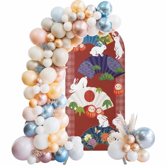 Fans Rabbits Arch Backdrop Cover 4 FT Japanese Colored Fans Rabbit Tumbler Red Plaid Stretchy Elastic Arch Stand Covers Spandex Arched Background Birthday Wedding Party Decoration (No Stand)