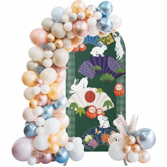 Fans Rabbits Arch Backdrop Cover 5 FT Japanese Colored Fans Rabbit Tumbler Dark Green Plaid Stretchy Elastic Arch Stand Covers Spandex Arched Background Birthday Wedding Party Decoration (No Stand)