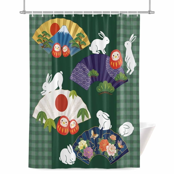 Fans Rabbits Shower Curtain, 36" x 72", Japanese Colored Fans Rabbit Tumbler Dark Green Plaid Waterproof Bathroom Curtain Washable Shower Curtain Set with 12 Hooks