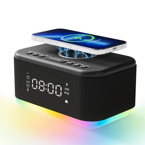 Fansbe Tech Vibrating Alarm Clock Wireless Charger, Digital Alarm Clocks Bluetooth USB Port (Black)