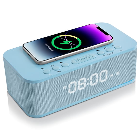 Fansbe Vibrating Alarm Clock Bluetooth, Wireless Charging Dual Digital Alarm Clock Bedroom USB Blue