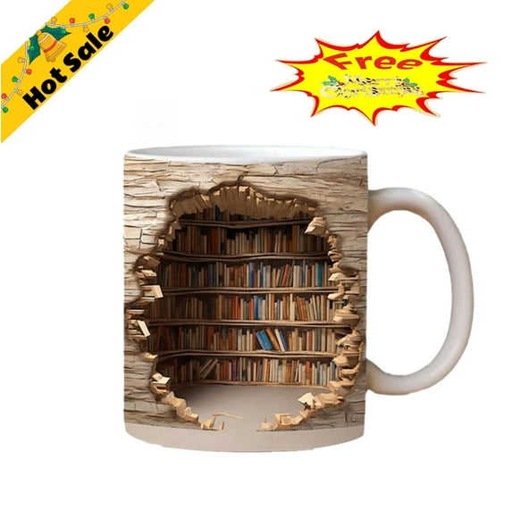 Fanshiluo 3D Bookshelf Mugs Clearance-10 oz White Ceramic Bookcase Mug,Novelty Coffee Tea Cup,Library Bookshelf Mugs,Couple High Beauty Fashion Cup on Sale