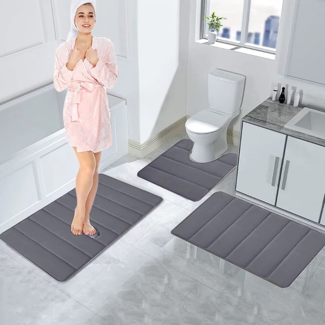 Fanshiluo 3Pcs Memory Foam Bathroom Mat Set, Absorbent Bathroom Rugs ...