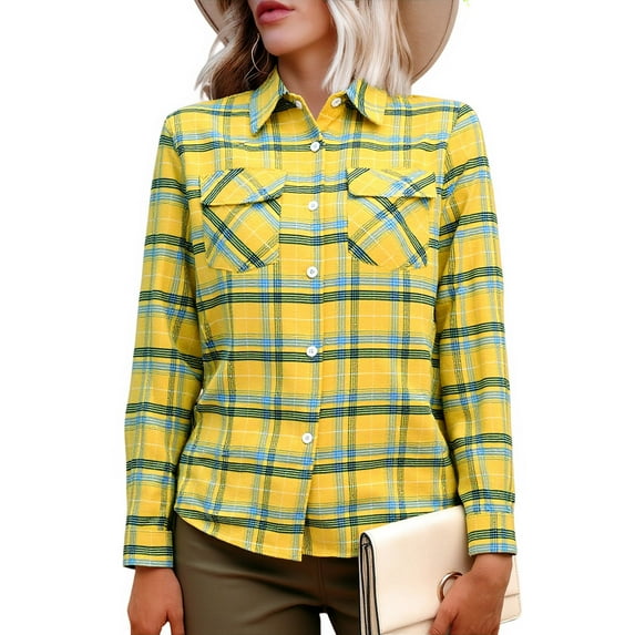 Fanshiluo Women's Plaid Button Down Shirt with Long Sleeve, Womens Fleece Dressy Flannel Shirt with Pocket,Women's Plus Light Yellow,Size XXL