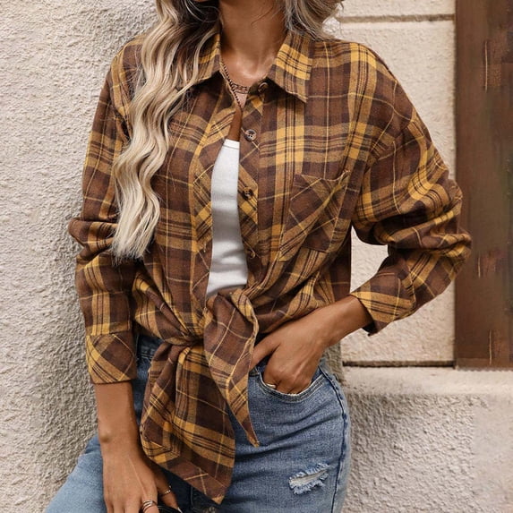 Fanshiluo Women's Plaid Button Down Shirt with Long Sleeve, Womens Fleece Dressy Flannel Shirt with Pocket,Women's Plus Plaid Orange,Size XXL