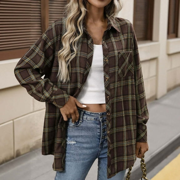 Fanshiluo No Boundaries Women's Plaid Button Down Shirt with Long Sleeve, Womens Fleece Dressy Flannel Shirt with Pocket,Women's Plus Trend Brown,Size M