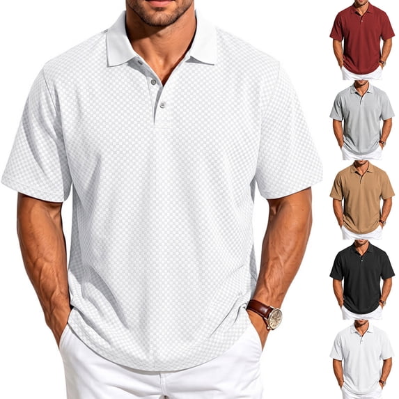 Fanshiluo Men's Checkered Print Short Sleeve Polo Shirt, Casual Collared Golf T-Shirt,Size:L,Big and Tall Men