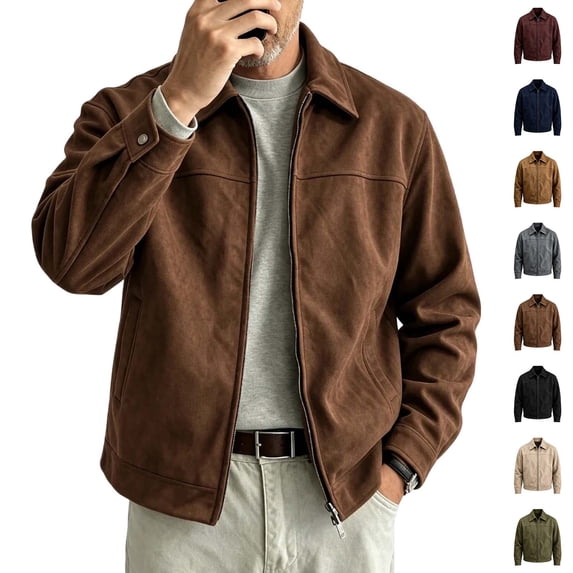 Fanshiluo Men's Collared Faux Suede Zip Up Jacket, Long Sleeve Casual Lightweight Outerwear Coat,Size S-2XL