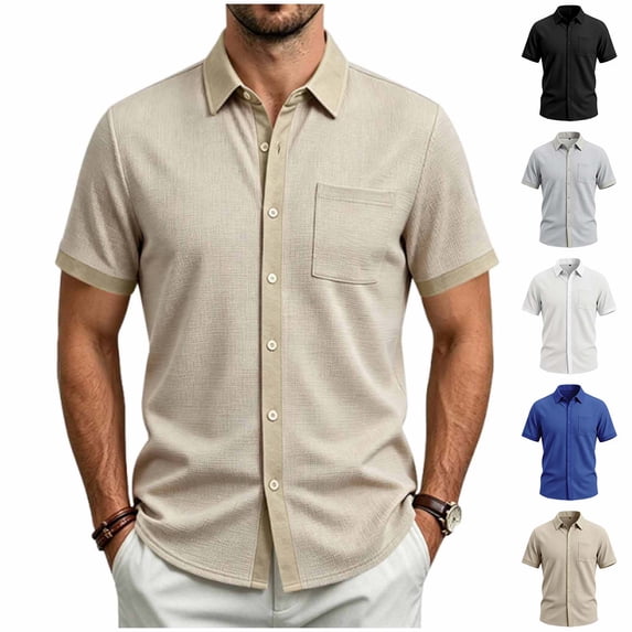 Fanshiluo Men's Collared Short Sleeve Button Down Shirt with Chest Pocket,Size:L,Big and Tall Men