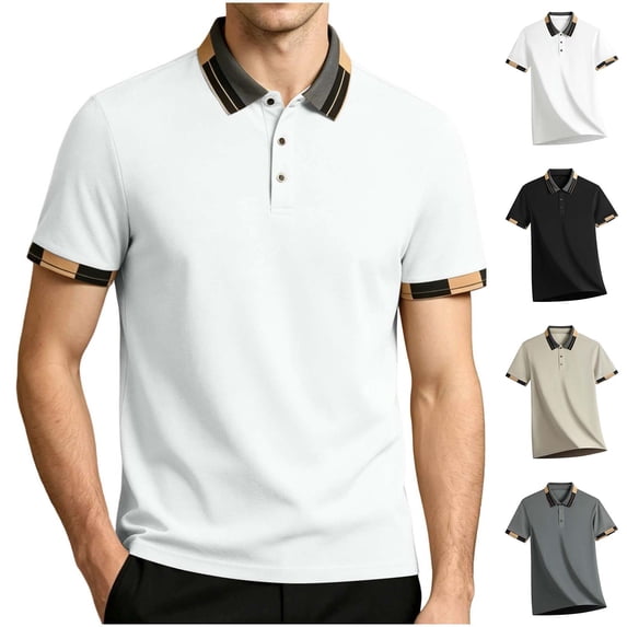 Fanshiluo Men's Collared Short Sleeve Polo Shirt, Casual Contrast Striped Collared Top,Size:XXL,Big and Tall Men