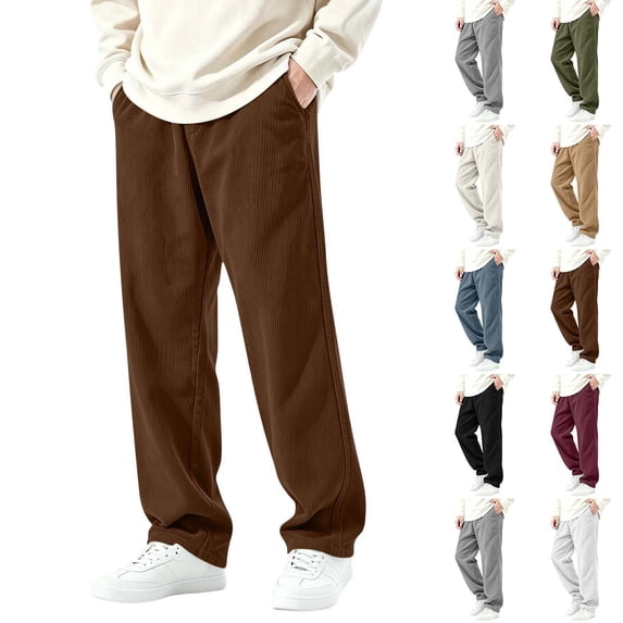 Fanshiluo Men's Corduroy Wide Leg Casual Pants, Elastic Waist Straight Loose Fit Trousers,S,Big and Tall Men